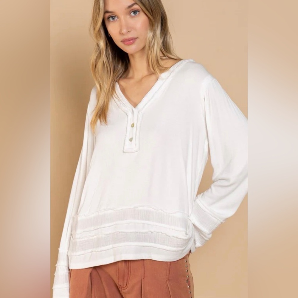 POL White V-Neck Henley Tunic Top